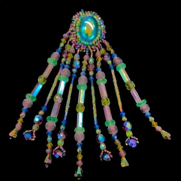 Vintage hand beaded shoulder duster blue iridescent chandelier earrings clip - Picture 7 of 10